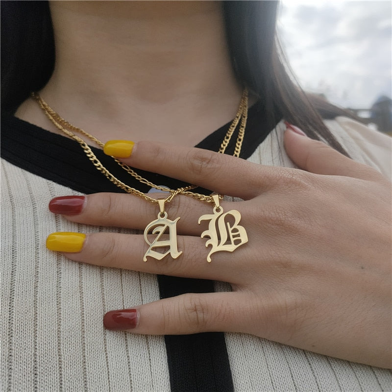 14K Gold Filled Old English Letters Initial  Necklaces