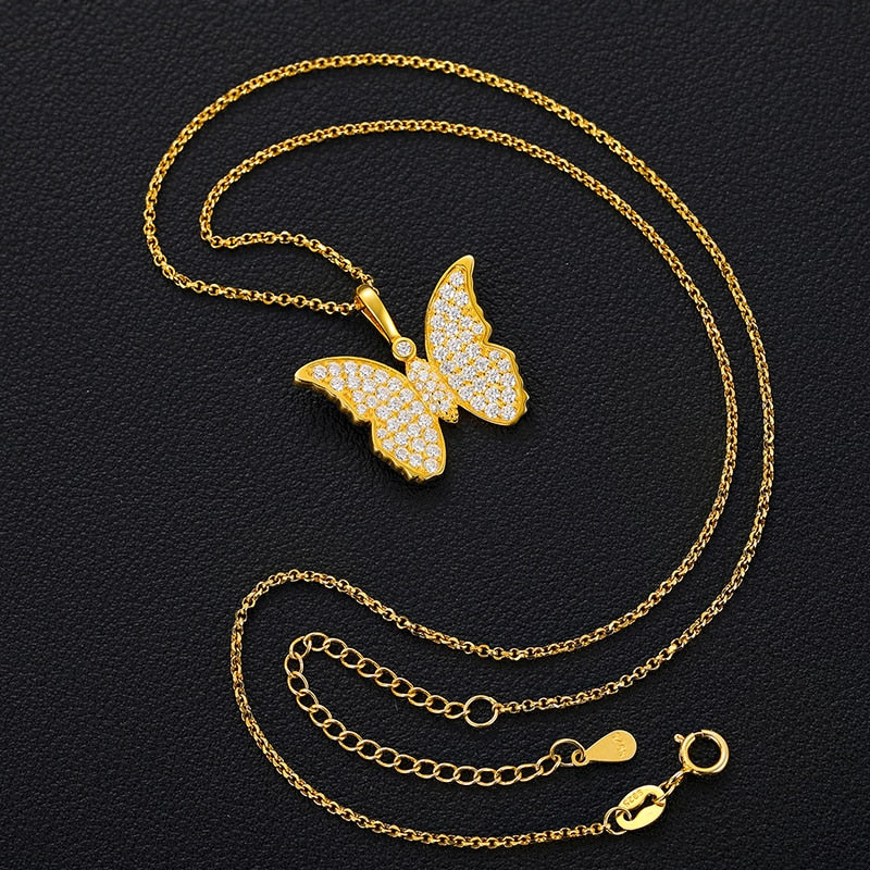 Gold Silver Butterfly VVS1 Moissanite Pendant Necklace