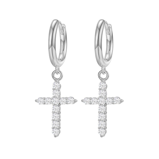 Gold Silver VVS1 Moissanite Cross Hoop Earrings